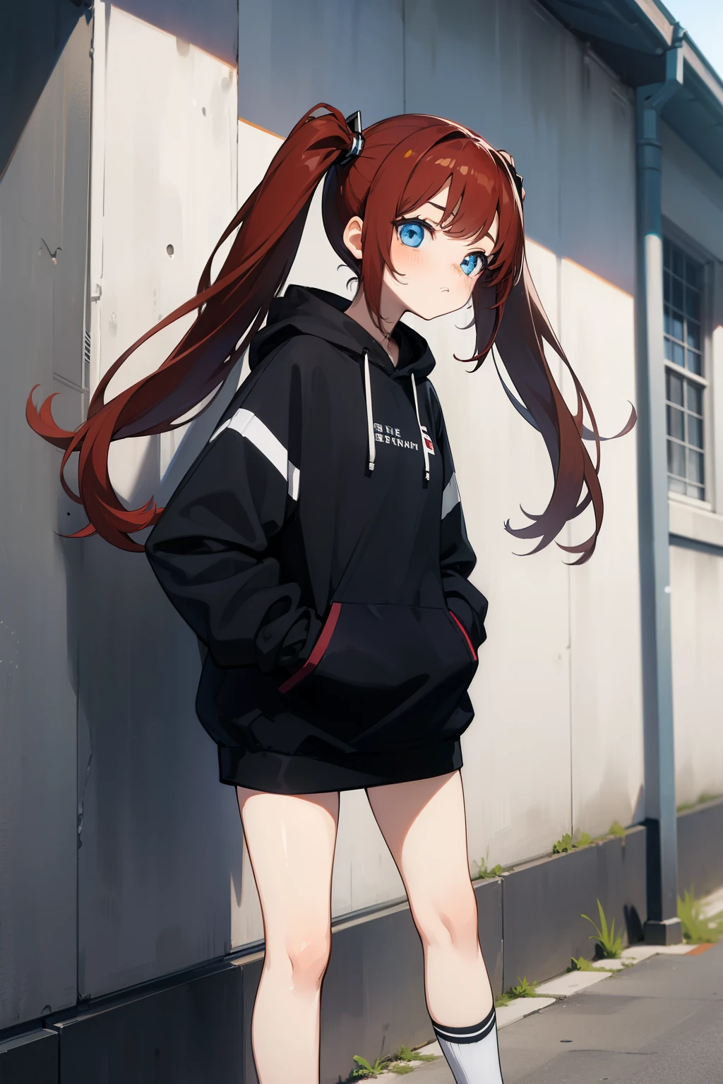 ((Masterpiece, highest quality)), detailed face, cute anime girl, dark red hair in twintails, large blue eyes, emotionless expression, hands in pockets, large black hoodie, bare legs, black and white striped socks, outside on street in shade