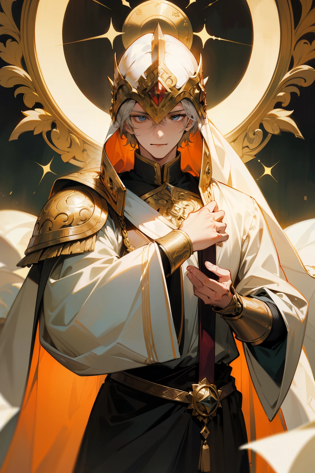 Anonymous male, helmetless and faceless, stands proudly in heaven as a renaissance soldier portrait. His armor, adorned with intricate gold details, shines in the ethereal light. His piercing gaze is fixed ahead, a faint smile playing on his lips. Elevated to a divine status, he is a testament to valor and courage. Despite his anonymity, he exudes an air of nobility and strength. The delicate folds of his robes suggest a masterful touch, a heavenly tribute to the artistic brilliance of the renaissance era.