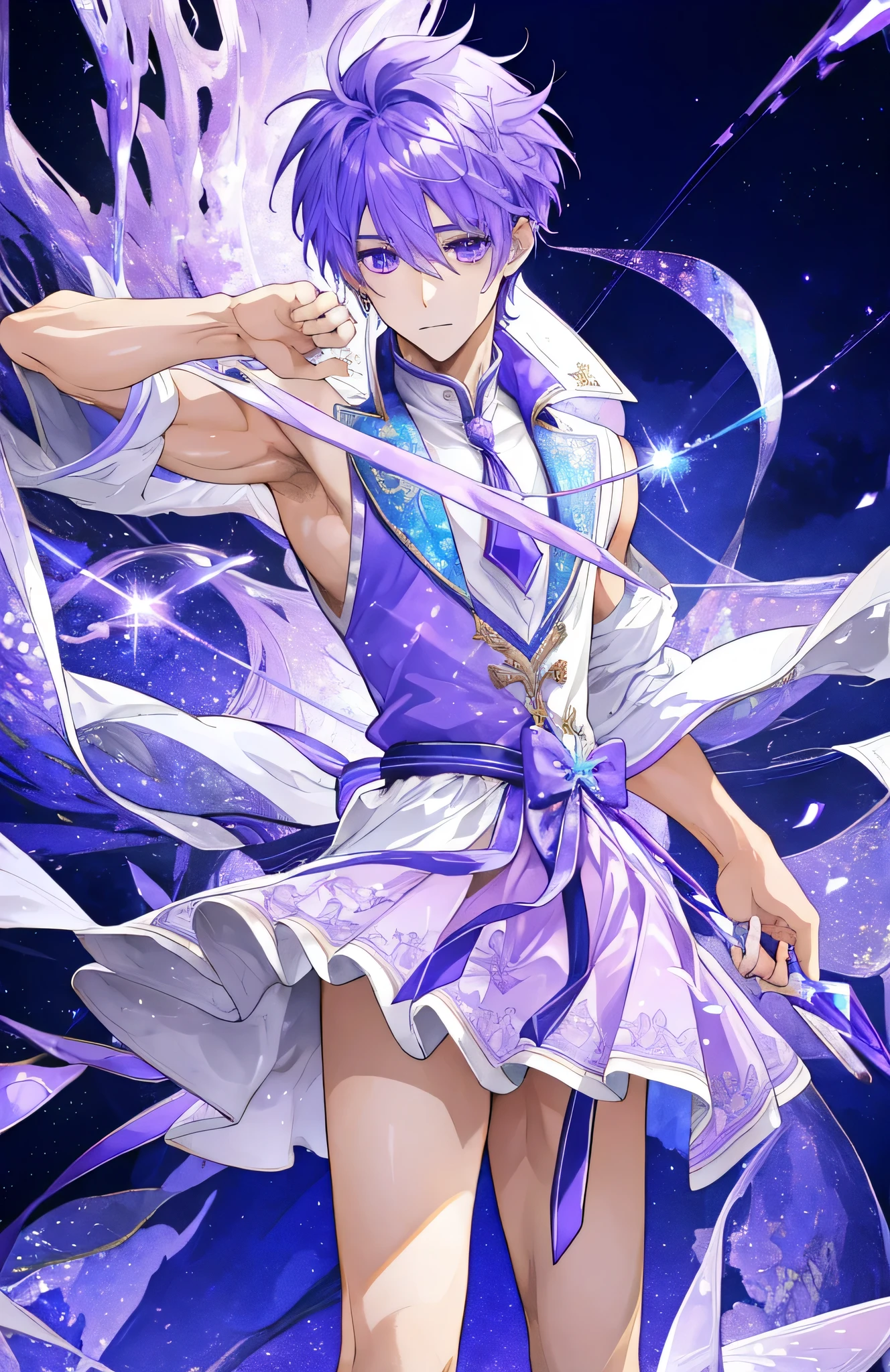 Purple haired boy cartoon character closeup、solo、portrait of Magic Boy、Boy in a white and purple dress、Long legs、Heavenly Aura、Lightning aura、White and purple mini skirt、Bare shoulders、Purple Arm Warmer、Bare legs、Bare thighs、Purple Thigh Boots、Symphogear flavor、A boy with short light purple hair、Amethyst Prince、Official character art, style of Magic Boy、Magic Boy、Anime Boys、Official Art、High resolution、sparkling Magic Boy、With glowing purple eyes、