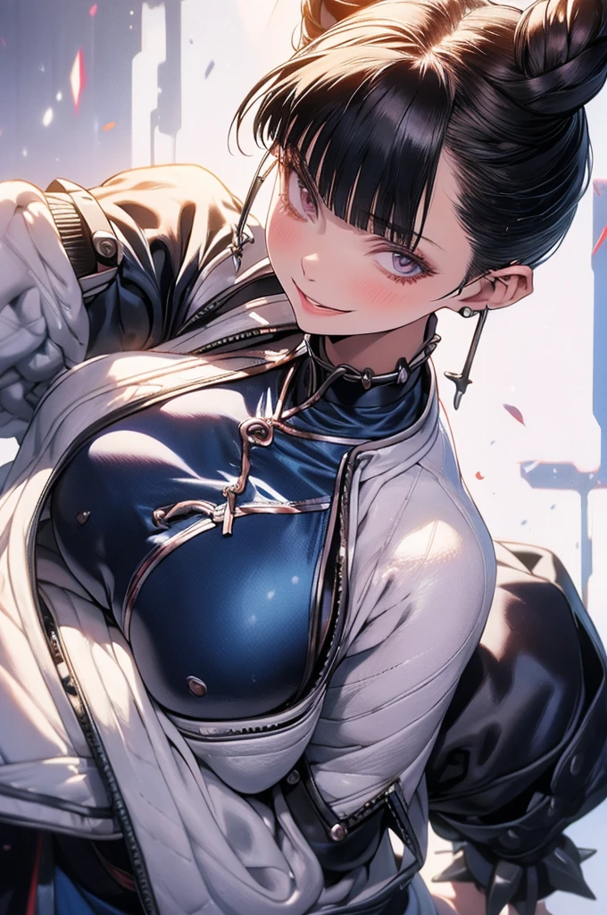melhor qualidade,roupa azul,juri han,solo, masterpiece, best quality, agrias, grey sweater, black leotard, standing, looking at viewer, short hair,oculos,evil smile, evil look,luvas preta,roupa azul,yandere rosto,low lighting,coxa sarada copo detalhado,olhando para frente juri han,bela
