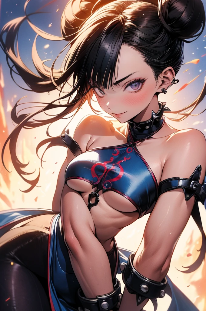 melhor qualidade,roupa azul,juri han,solo, masterpiece, best quality, agrias, grey sweater, black leotard, standing, looking at viewer, short hair,oculos,evil smile, evil look,luvas preta,roupa azul,yandere rosto,low lighting,coxa sarada copo detalhado,olhando para frente juri han,bela
