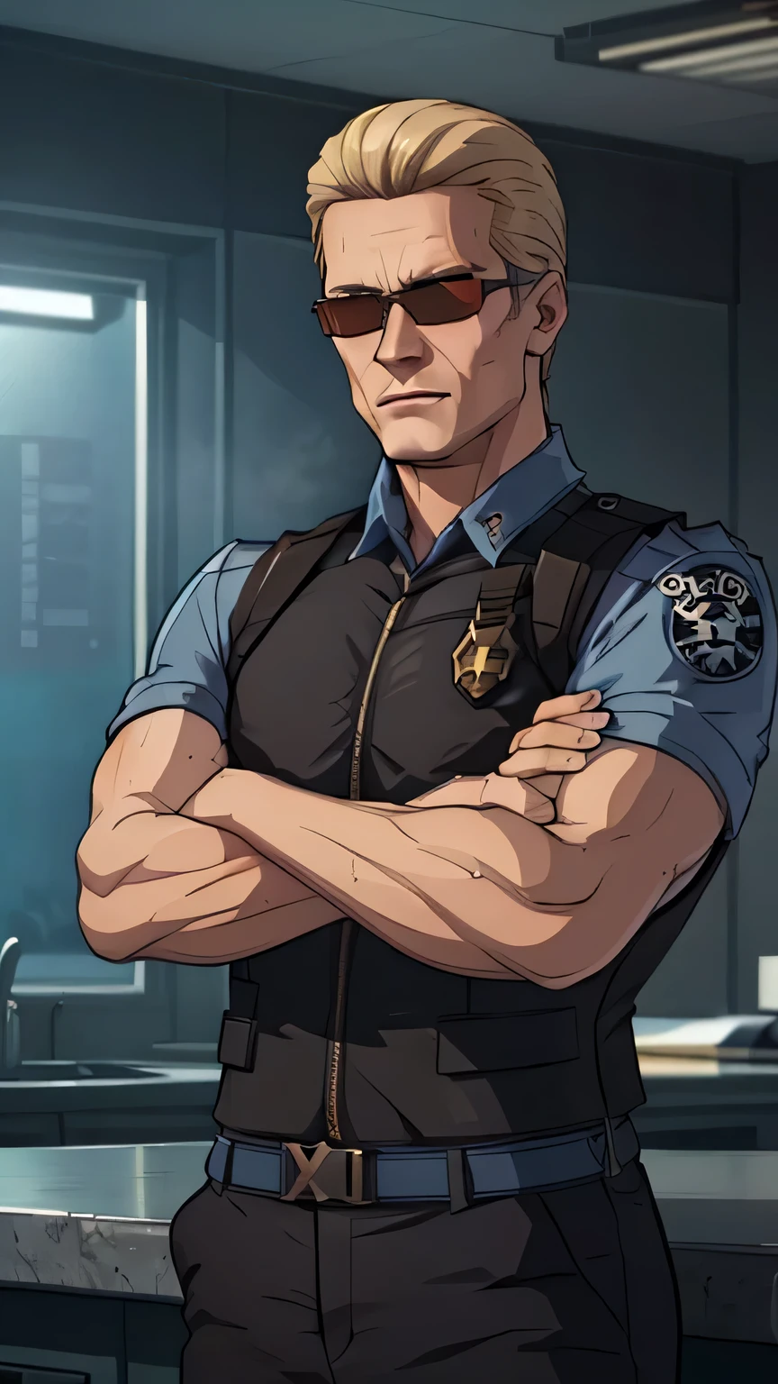 (masterpiece, best quality:1.2),  albertwesker, solo, shirt, 1boy, collared shirt, uniform, vest, sunglasses, blue shirt, police uniform, indoors, crossed arms, leaning back,