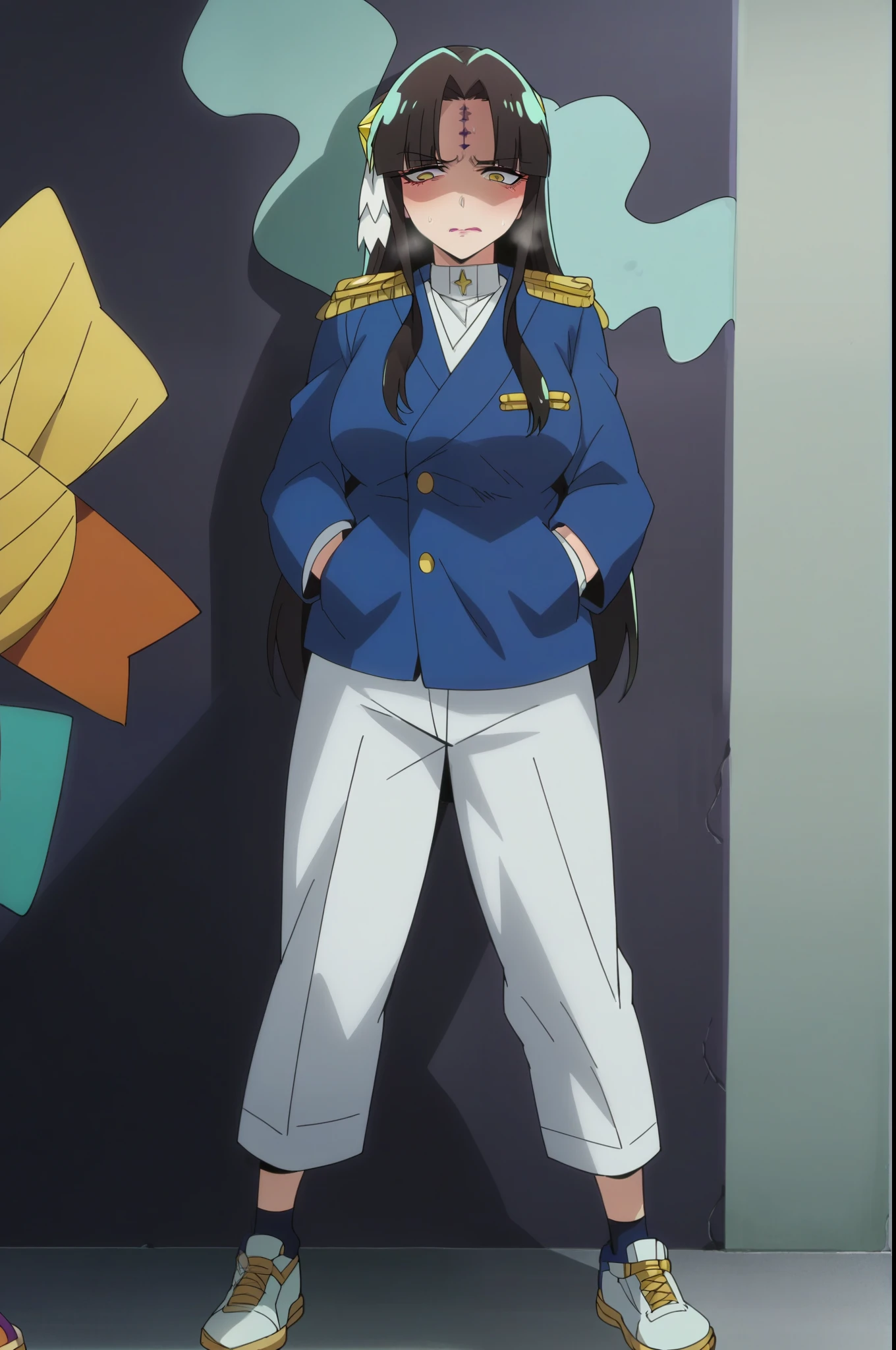 score_9, score_8_up, score_7_up, source_anime, michikotanaka, michiko tanaka, long hair, black hair, yellow eyes, facial mark, forehead mark, michiko_tanaka_mahoushoujoniakogarete, anime_style, (long hair, black hair:1.3), forehead, forehead mark, hair ornament, muscular female, anatomically correct, mature female, curvy, heavy breathing, leg up, 1girl, solo, sneakers, blue jacket, white pants, hands on pocket, gravity wall, full_body, standing, jewelry, rating:safe, anime coloring, anime screencap, hair ornament, (shaded face:1.2), yellow eyes, drunk, blush, forehead mark, makeup, embarrassed, 