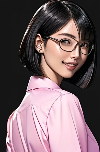 (masterpiece), (8k, best quality, high resolution), (ultra-detailed, realistic), (anatomically correct),  
((Portrait)), (Standing), (((looking back))), (No background),
(1woman),  (looking at viewer), (show your back), 
(A Japanese woman, 30 years old and 155cm tall.), 
(black hair), (straight hair), (short hair style), (bob cut), (hair behind ears), 
(wear glasses), ((black cell frame glasses)), 
((Wear a pink business shirt)), 
(Create a detailed image of the eye), 
(Her impression is pure, clean and kind.), 
((A captivating smile, just showing a few teeth.)), 　 
