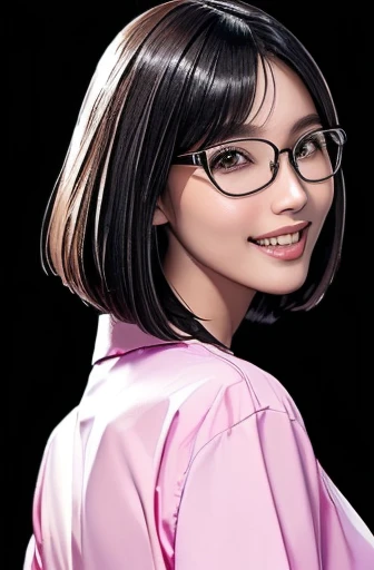(masterpiece), (8k, best quality, high resolution), (ultra-detailed, realistic), (anatomically correct),
((Portrait)), (Standing), (((looking back))), (No background),
(1woman), (looking at viewer), (show your back),
(A Japanese woman, 30 years old and 155cm tall.),
(black hair), (straight hair), (short hair style), (bob cut), (hair behind ears),
(wear glasses), ((black cell frame glasses)),
((Wear a pink business shirt)),
(Create a detailed image of the eye),
(Her impression is pure, clean and kind.),
((A captivating smile, just showing a few teeth.)),