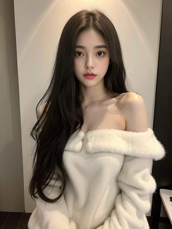 hair,,long hair,Lazy,Fluffy hair,random,Leisurely,dim lights,in the darkness,Be impatient,film,Atmosphere,eyes looking away,Charming expression,Off-shoulder,whole body,long legs,Thin legs,,焦點放在whole body,posing