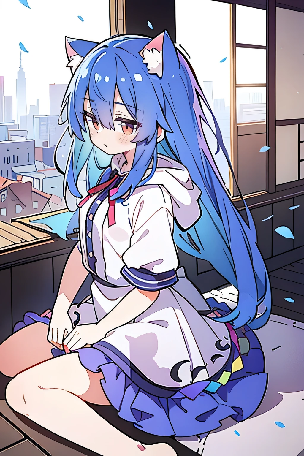 （masterpiece：1.2），Super detailed，lifelike，Expressive eyes，fair skin，perfect face shape，1 girl，
Japanese comics,Gorgeous blue hair,flowing blue hair,flowing clothes,Cat ears,Petals fall,beautiful lola,Baby Angel,
Shaking head with one hand，Cross your legs，Gentle and peaceful background，The pavilion is cool and comfortable,smile, wearing hoodie, background of tokyo,back views,snowing, winter.