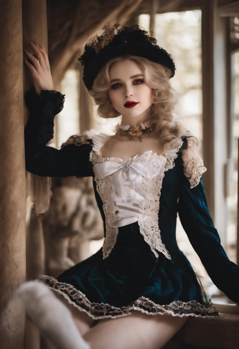 a beauty girl,Slender thighs,White skin,Lolita costume,The upper body clothes are somewhat broken,Intimate exuberance
