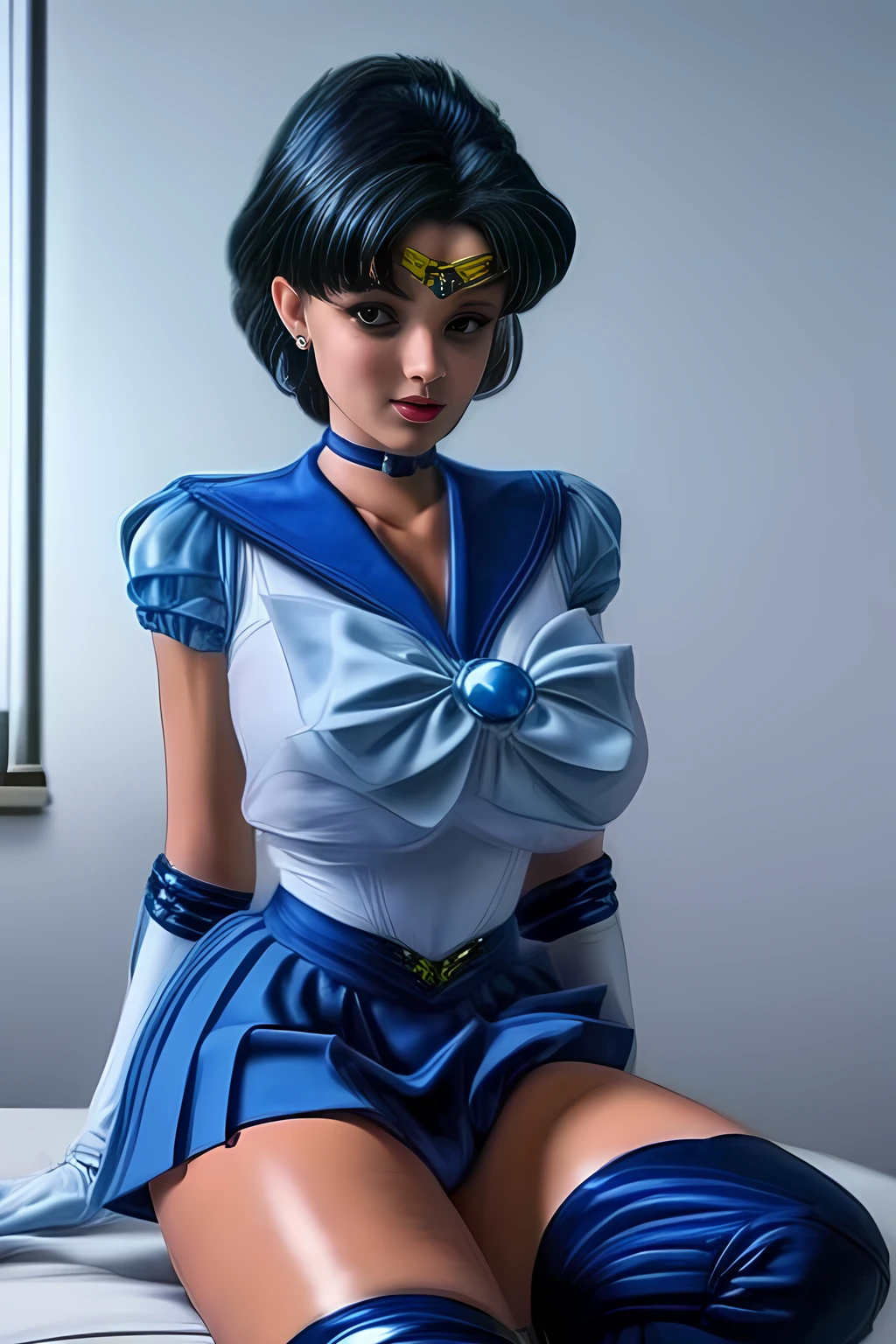 ​masterpiece, top-quality, hight resolution, 8K, Hi-Res, ultra-detailliert, 1girl in, (Anatomically correct), Full limbs, complete fingers, Slender 18 year old beautiful active girl, Brown-eyed, Slender eyes, A dark-haired, extra very short hair, (Black skin:1.2), (Sailor Moon: 1.3), (white  leotard), (Blue sailor color), the bow, (Over-the-knee boots:1.1), a choker, (white glove), Blue choker, (elbowgloves), (a blue skirt), sole、Big Tits, Solo, (Curve:1.1), best quality,1woman,nsfw,smile, Hi3GB, giga_busty, gigantic breasts