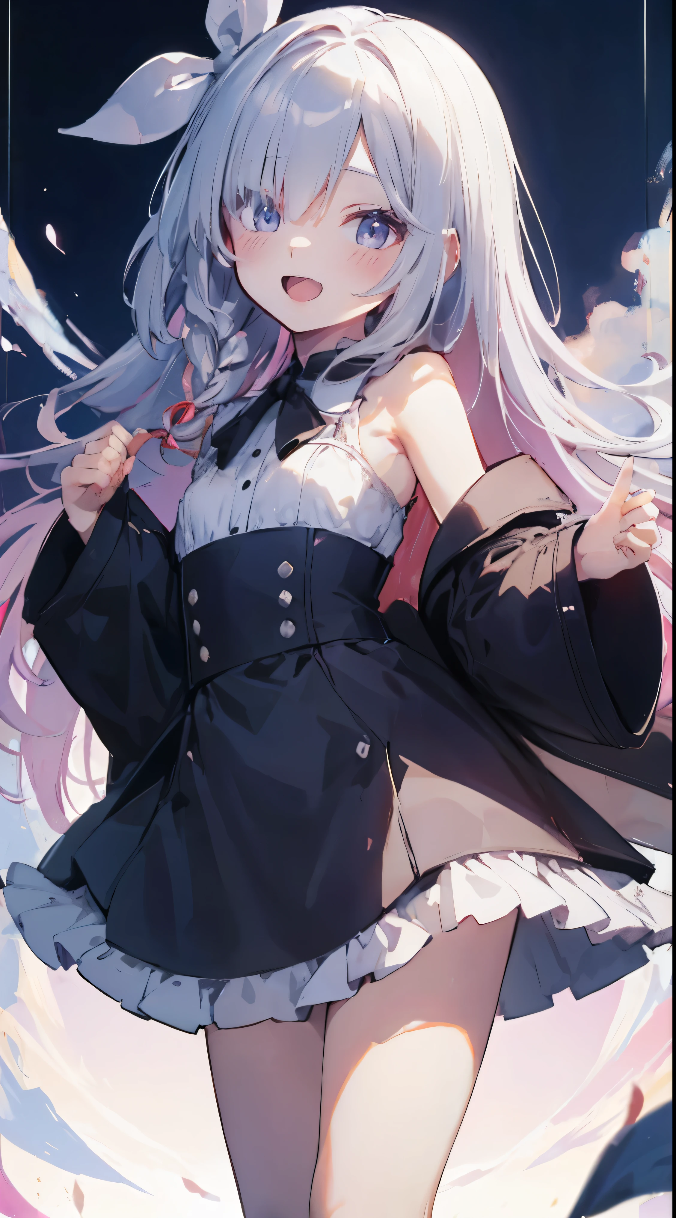 Masterpiece、Highest quality、highest quality、((((Petite))))、(Open Mouth Smile)、Shiny hair quality、Small face、Dynamic pose、Super detailed, beautiful, wide eyes、Ultra-detailed, clear and beautiful faces、(cute illustration:1.2), High-resolution, ultra-detailed, best quality, embarrassed、Thighs