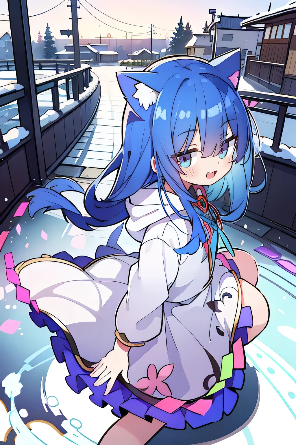 (masterpiece:1.2),Super detailed,lifelike,Expressive eyes,fair skin,perfect face shape,1 girl,
Japanese comics,Gorgeous blue hair,flowing blue hair,flowing clothes,Cat ears,Petals fall,beautiful lola,Baby Angel,
Shaking head with one hand,Cross your legs,Gentle and peaceful background,The pavilion is cool and comfortable,smile, wearing hoodie, background of tokyo,back views,snowing, winter.
