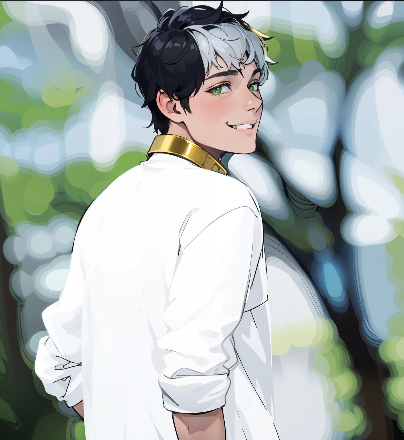 young man smiles maliciously he has green eyes he has golden bracelets