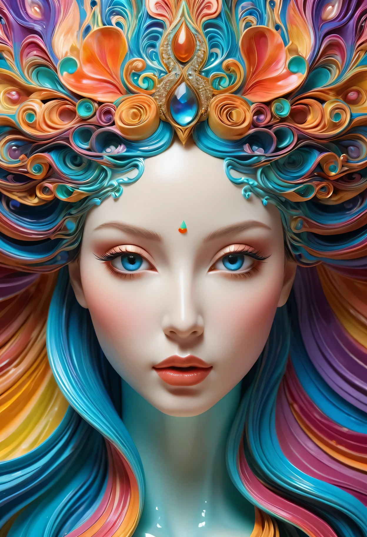 (Super Fine,lifelike:1.37),Psychedelic abstract art:3D goddess portrait sculpture made of flowing liquid,Beautiful detailed eyes,Beautiful detailed lips,Serene expression,soft flowing hair,Fascinating gaze,Background of the myth,creative composition,Meticulous attention to detail,Liquid textures and patterns,High-resolution rendering,Crystal clear,Exquisite craftsmanship,Dreamy atmosphere,Sensual and fascinating,masterpiece:1.2。