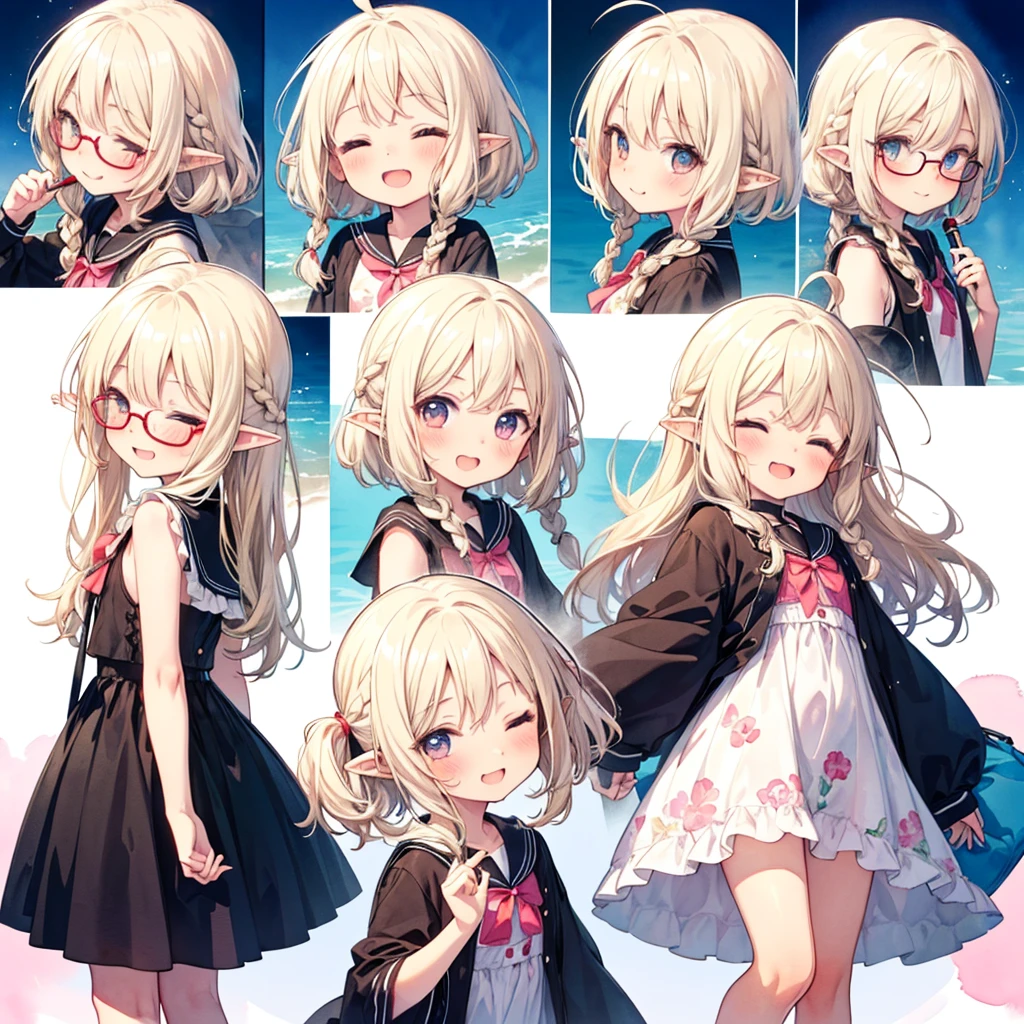 ((multiple views)), ((watercolor)), ((li:1.5)), basolo, smile eyes, closed eyes, glossy blonde hair, braid, ahoge, long hair, glasses, ((pointy ears)), blush, face focus, white bra and white panty, happy smile, windy, open mouth, from behind, looking back, forehead