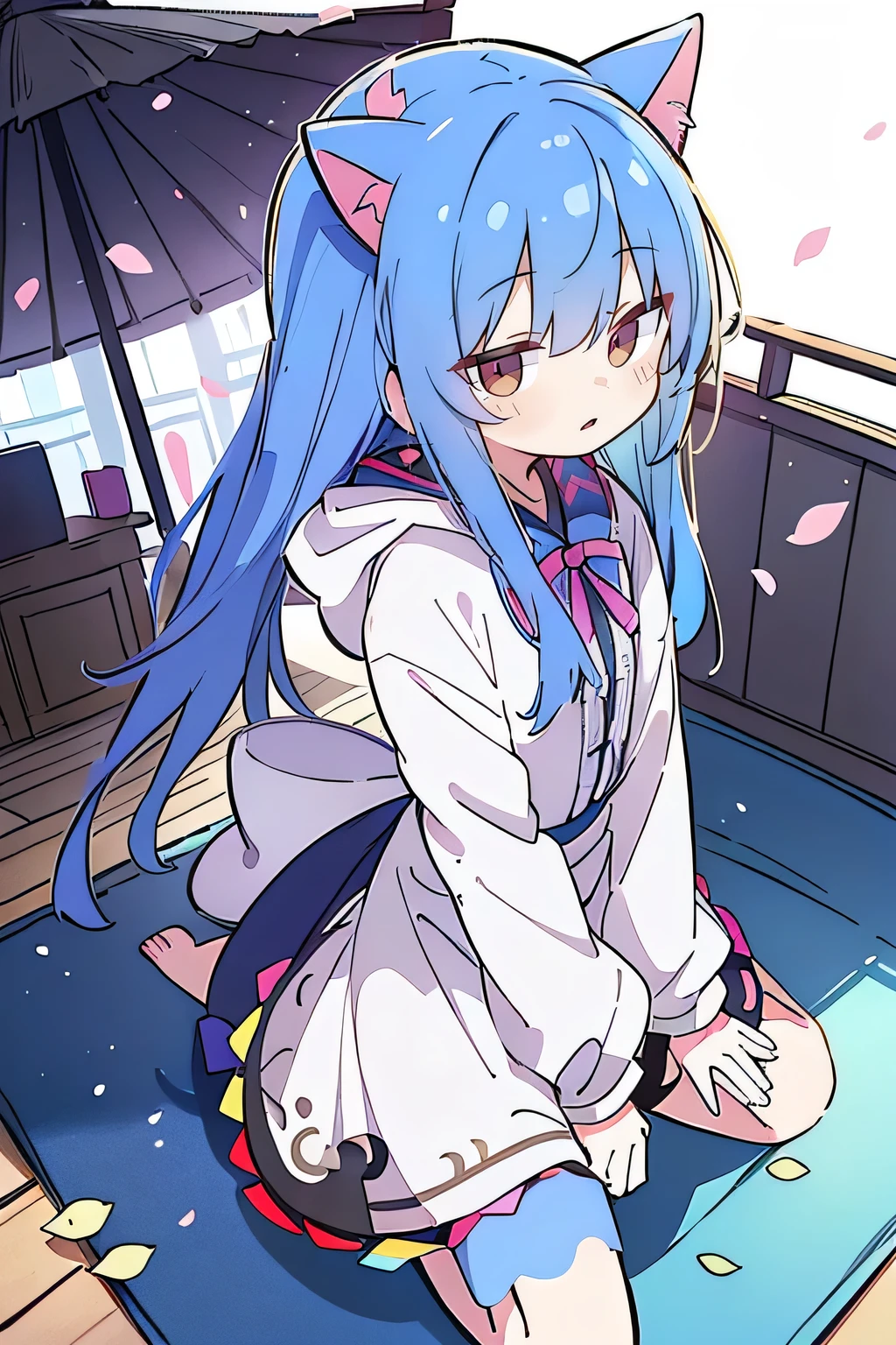 （masterpiece：1.2），Super detailed，lifelike，Expressive eyes，fair skin，perfect face shape，1 girl，
Japanese comics,Gorgeous blue hair,flowing blue hair,flowing clothes,Cat ears,Petals fall,beautiful lola,Baby Angel,
Shaking head with one hand，Cross your legs，Gentle and peaceful background，The pavilion is cool and comfortable,smile, wearing hoodie, background of tokyo,back views,snowing, winter.