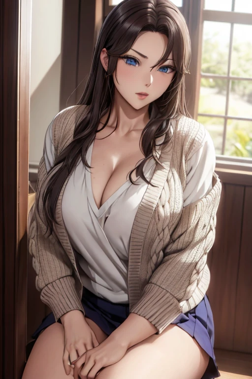 On the table, (最好of质量), 1 woman,1 Girl ,roam_of, Long hair, Dark brown hair, blue eyes, Weaving, single Weaving, Hair intake, Shoulder-length hair, (Become a), skirt, sweater, Cardigan, housewife, , 腮红鲜艳of颜色 ,,natural lighting ,nffsw, 两眼之间of毛发 , 美麗of, (细致of脸部:1.2), exhibit, (完美of眼睛:1.3) ,(Reality:1.1), 8K Ultra HD, Looking at the audience, Indoor round、(((Big breasts)))((Cleavage))((Cleavage))