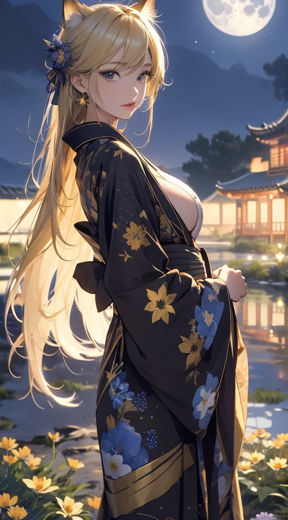 masterpiece, high quality, 4K, Beautiful design, silhouette,Blonde, 非常に詳細な夜のStarry Sky,Flower Field, wonderful, Finer details, Very knowledgeable woman, Highly detailed solo, 1 female,Cat ear,Big Breasts,kimono,Night view,Starry Sky,full moon,