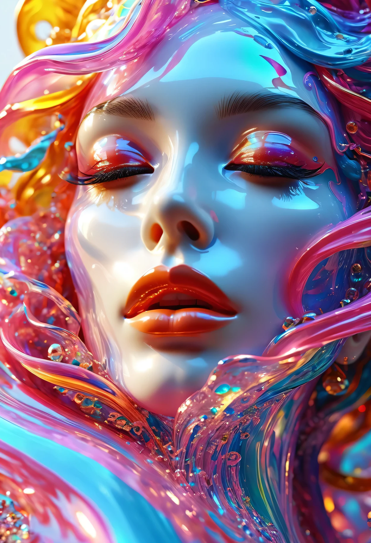 （Super Fine，lifelike：1.37），Psychedelic abstract art：3D goddess portrait sculpture made of flowing liquid，Beautiful detailed eyes，Beautiful detailed lips，Serene expression，soft flowing hair，Fascinating gaze，Background of the myth，creative composition，Meticulous attention to detail，Liquid textures and patterns，High-resolution rendering，Crystal clear，Exquisite craftsmanship，Dreamy atmosphere，Sensual and fascinating，masterpiece：1.2。