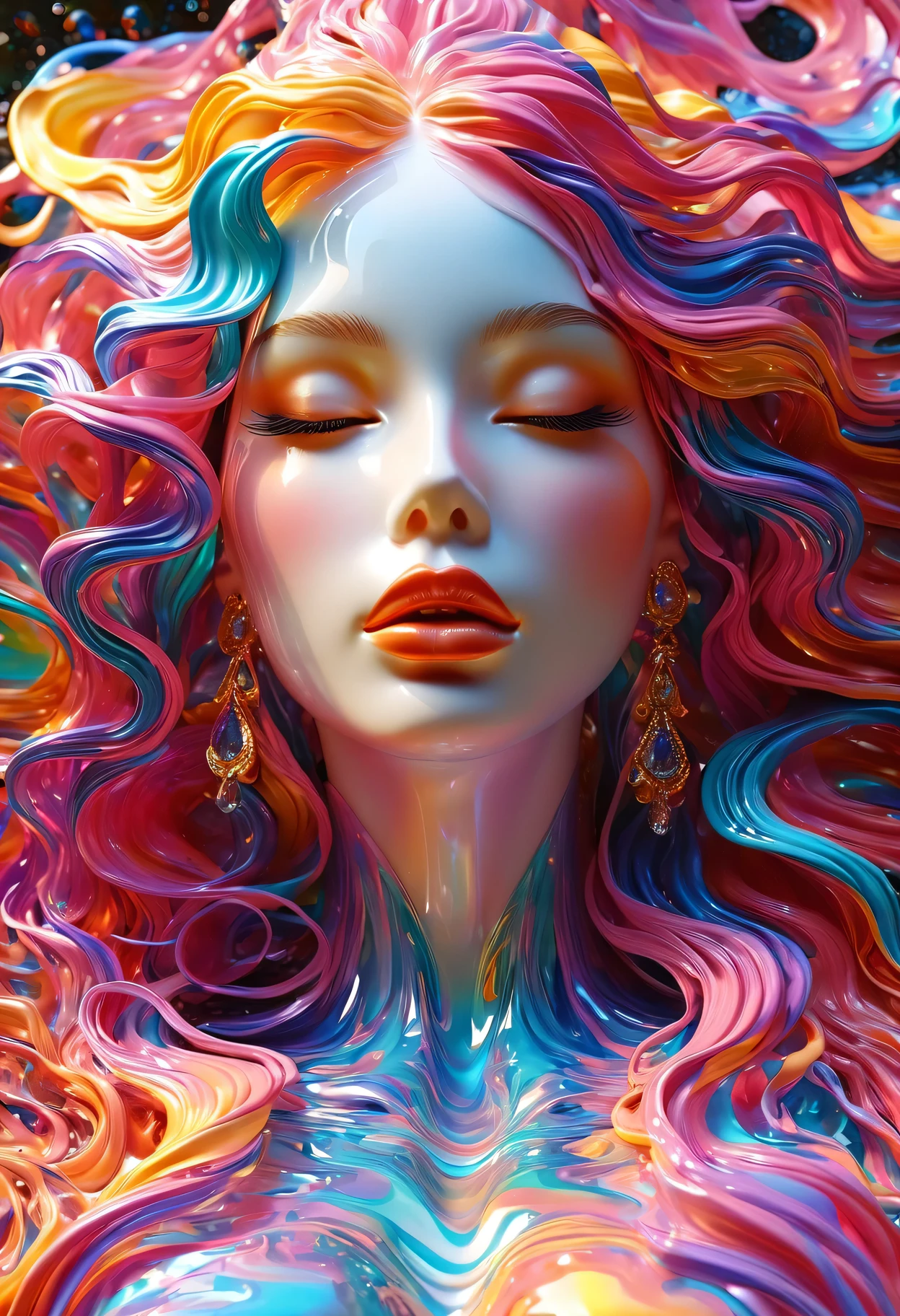 （Super Fine，lifelike：1.37），Psychedelic abstract art：3D goddess portrait sculpture made of flowing liquid，Beautiful detailed eyes，Beautiful detailed lips，Serene expression，soft flowing hair，Fascinating gaze，Background of the myth，creative composition，Meticulous attention to detail，Liquid textures and patterns，High-resolution rendering，Crystal clear，Exquisite craftsmanship，Dreamy atmosphere，Sensual and fascinating，masterpiece：1.2。