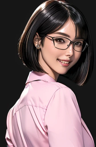 (masterpiece), (8k, best quality, high resolution), (ultra-detailed, realistic), (anatomically correct),
((Portrait)), (Standing), (((looking back))), (No background),
(1woman), (looking at viewer), (show your back),
(A Japanese woman, 30 years old and 155cm tall.),
(black hair), (straight hair), (short hair style), (bob cut), (hair behind ears),
(wear glasses), ((black cell frame glasses)),
((Wear a pink business shirt)),
(Create a detailed image of the eye),
(Her impression is pure, clean and kind.),
((A captivating smile, just showing a few teeth.)),
