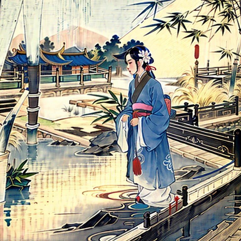 colorwater, negative space, girl, woman, lips, (trees:0.5), (flowers:0.6) ,(birds:0.2), (bamboo0.1), lakes, Hangzhou,
