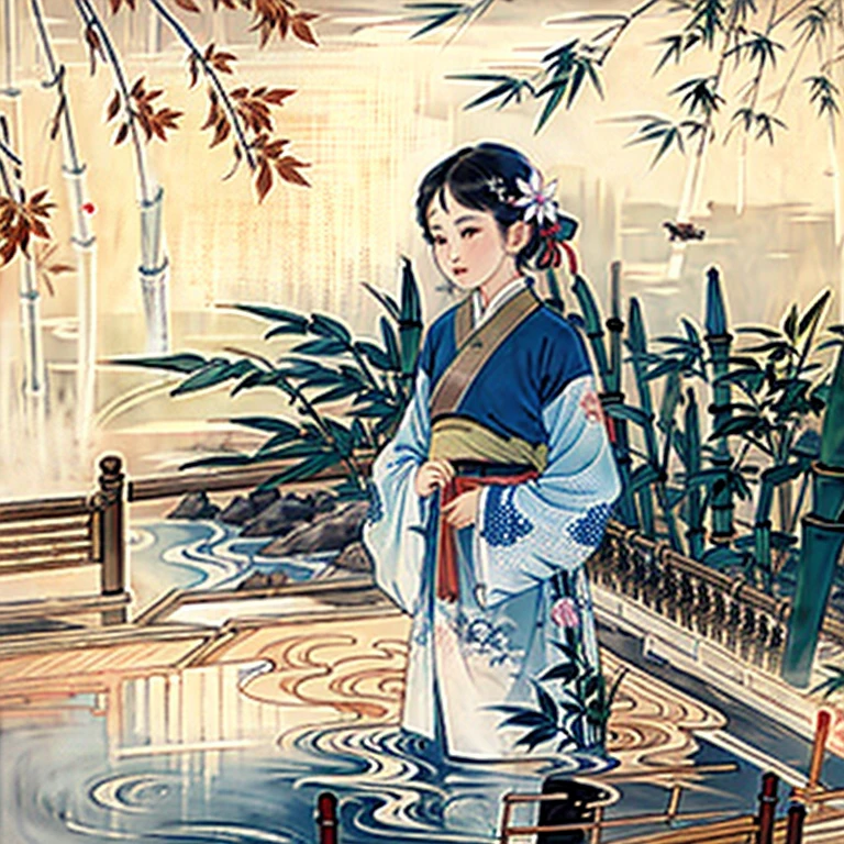 colorwater, negative space, girl, woman, lips, (trees:0.5), (flowers:0.6) ,(birds:0.2), (bamboo0.1), lakes, Hangzhou,