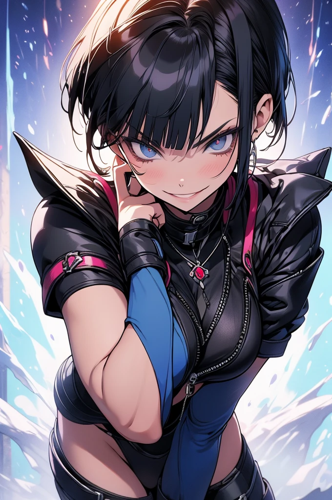 melhor qualidade,roupa azul,juri han,solo, masterpiece, best quality, agrias, grey sweater, black leotard, standing, looking at viewer, short hair,oculos,evil smile, evil look,luvas preta,roupa azul,yandere rosto,low lighting,coxa sarada copo detalhado,olhando para frente juri han,bela