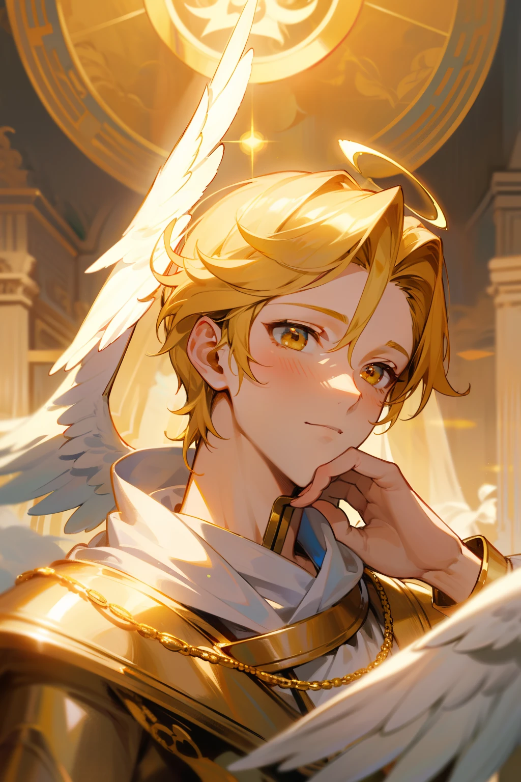Anonymous male, helmetless and faceless, Renaisance-style soldier portrait in heaven.ClassName: Angelic warrior,Heavenly guardian,Bejeweled halo,Celestial armor,Golden aura,Serene expression,Cherub wings,Flock of angels in background,Divine presence,Heavenly kingdom,Gentle gaze,Eternal peace.
Angelic figure, in heavenly abode,Anonymous male's portrait,Renaissance-inspired, without helmet and face,Firmly planted among clouds above,Halo bejeweled,Celestial armor adorns his form,Golden aura glows