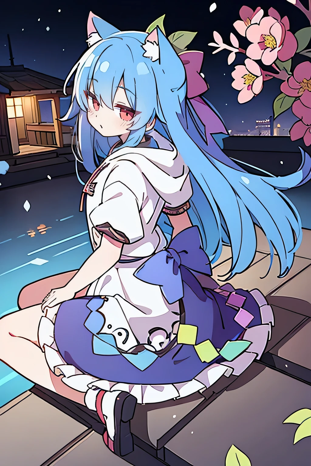 (masterpiece:1.2),Super detailed,lifelike,Expressive eyes,fair skin,perfect face shape,1 girl,
Japanese comics,Gorgeous blue hair,flowing blue hair,flowing clothes,Cat ears,Petals fall,beautiful lola,Baby Angel,
Shaking head with one hand,Cross your legs,Gentle and peaceful background,The pavilion is cool and comfortable,smile, wearing hoodie, background of tokyo,back views,snowing, winter.