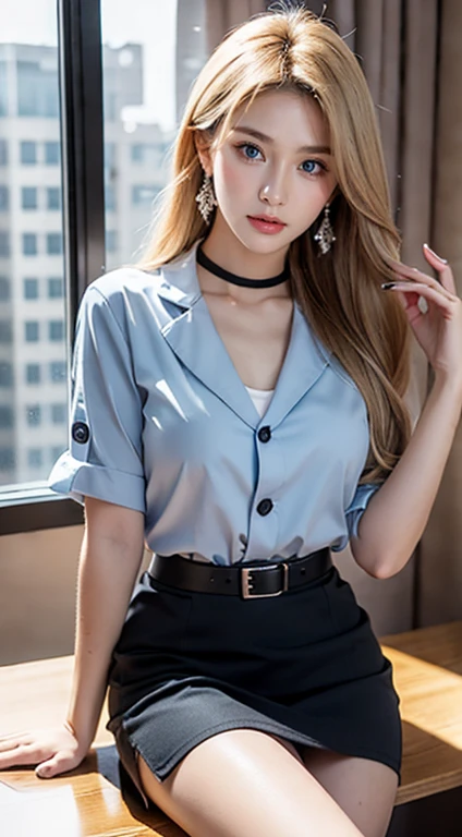 (8k,high resolution,Masterpiece, best quality, alone, complicated details, Chromatic aberration), realistic, ((Moderate breath)), hair in one eye,purple eyes, round hoop earrings, sharp eyes, Choker decorated with diamonds, (symmetrical eyes),(Perfect symmetrical body),Photo of a beautiful 21 year old age girl.,(fit the body), ,Beautiful and charming with contemporary fashion paintings as well....., looking at the audience, ((Behind the scenes of a large classroom)), (black short skirt), ((The young woman wore a form-fitting white short-sleeved shirt.., Unbuttoning the buttons, Revealing a little breast..)), ((A short black pencil skirt with a deep slit on the side...)), belt, ((Put your hands down.)),blonde hair, Bob, long hair, Side flatness,,blonde hairทองแดง, sit, sharp eyeliner, Blush eyeshadow with thick eyelashes, Very delicate and beautiful, round chin, Sharp focus, elegant,sit on the study table Lift one leg to eye level., The legs are slightly spread apart...,dynamic gesture,((Top it off with a crisp blue lab coat.'It doesn't reach your hips..))