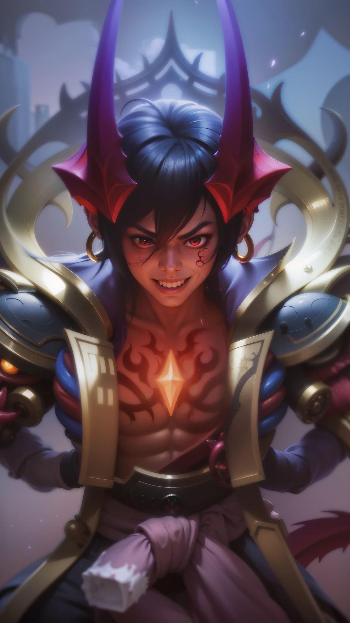 boy with purple hair and red shirt holding a purple ball, Masterpiece, ultra HD, detailed all picture, a close up of a devil, dyrroth from mobile legend, evil, extremely detailed artgerm, mobile legends character, inspired by Dyrroth, Six pack chest and abs, black jewel above the chest, red eyes, glare.