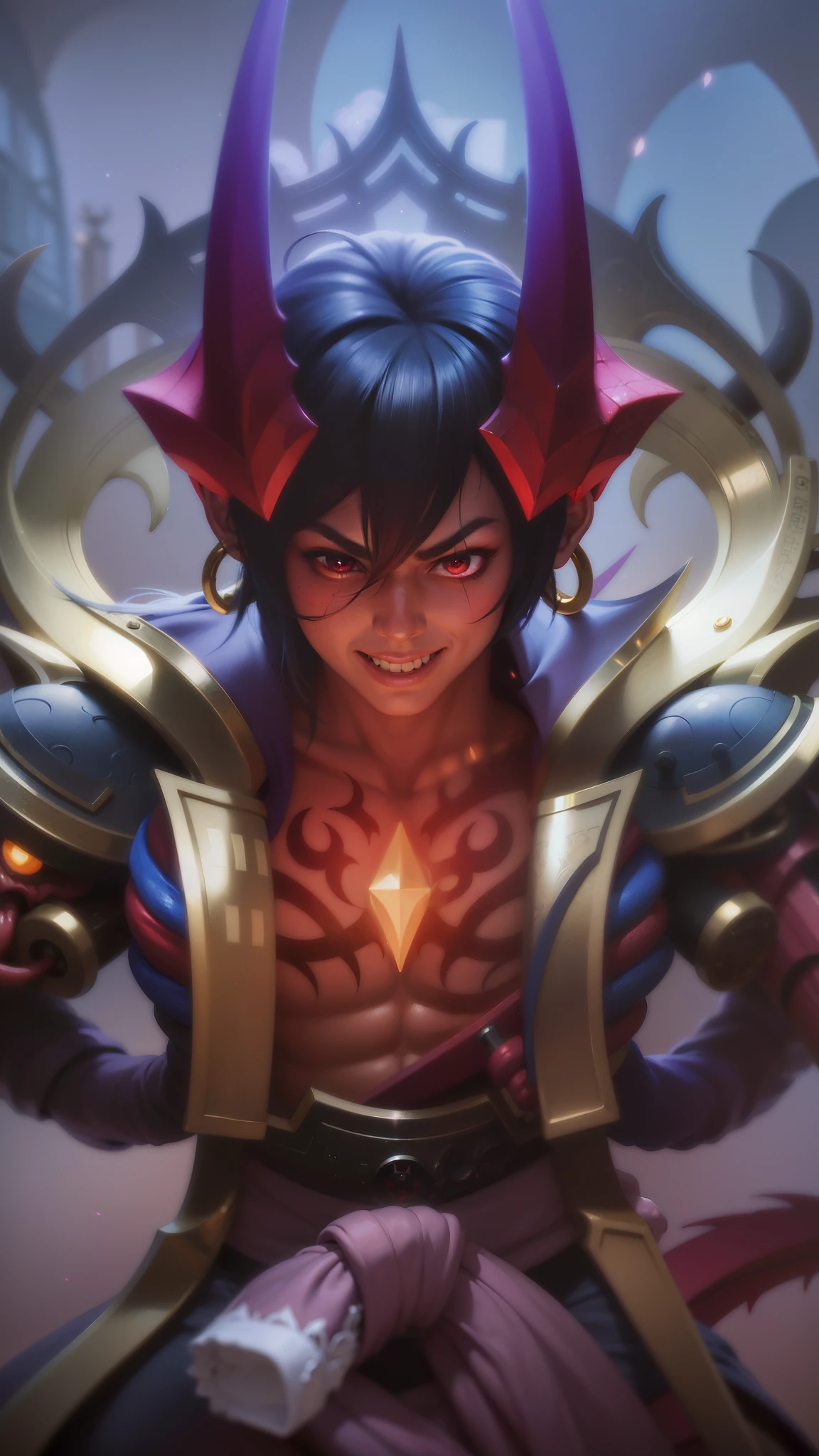 boy with purple hair and red shirt holding a purple ball, Masterpiece, ultra HD, detailed all picture, a close up of a devil, dyrroth from mobile legend, evil, extremely detailed artgerm, mobile legends character, inspired by Dyrroth, Six pack chest and abs, black jewel above the chest, red eyes, glare.