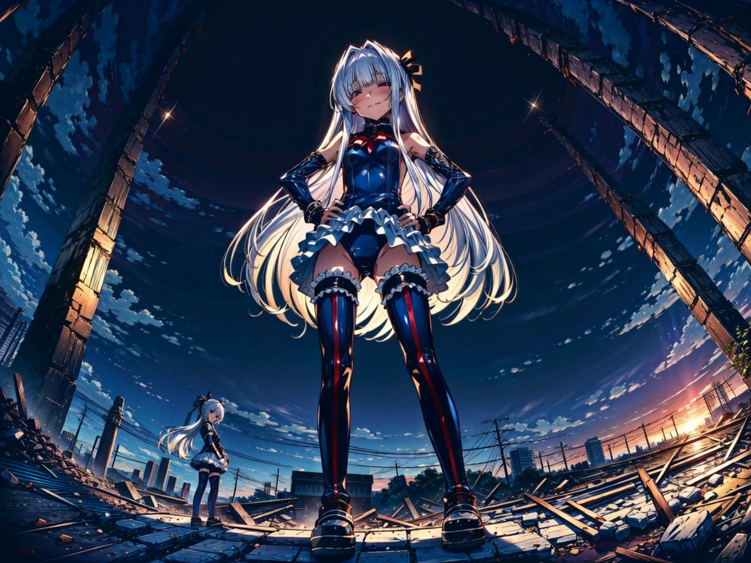 4k,perfect anatomy, highest quality, rose,evil smile,provocative attitude
,(ung Girls greet dawn on top of a pile of rubble:1.1),evil smile,anime style,(white ruffle swimsuit, Thighhighs, removed sleeve), (anime style:1.4) ,
silver hair,(white fingers:1.1,black gloves),very long hair,evil aura,(from below:1.4),put both hands on hips,hypnoLora、
empty eyes,full body