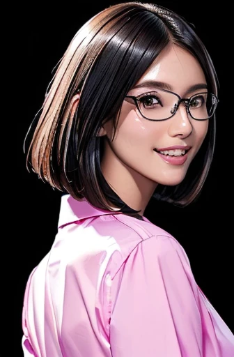 (masterpiece), (8k, best quality, high resolution), (ultra-detailed, realistic), (anatomically correct),
((Portrait)), (Standing), (((looking back))), (No background),
(1woman), (looking at viewer), (show your back),
(A Japanese woman, 30 years old and 155cm tall.),
(black hair), (straight hair), (short hair style), (bob cut), (hair behind ears),
(wear glasses), ((black cell frame glasses)),
((Wear a pink business shirt)),
(Create a detailed image of the eye),
(Her impression is pure, clean and kind.),
((A captivating smile, just showing a few teeth.)),