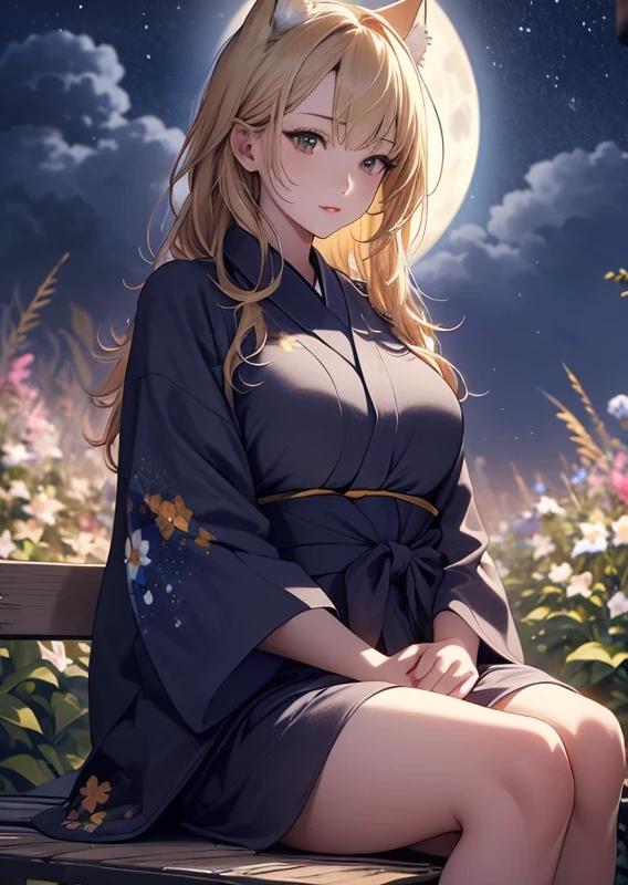 masterpiece, high quality, 4K, Beautiful design, Blonde, 非常に詳細な夜のStarry Sky,Sitting on a bench in a flower field, wonderful, Finer details, Very knowledgeable woman, Highly detailed solo, 1 female,Cat ear,Big Breasts,kimono,Night view,Starry Sky,full moon,