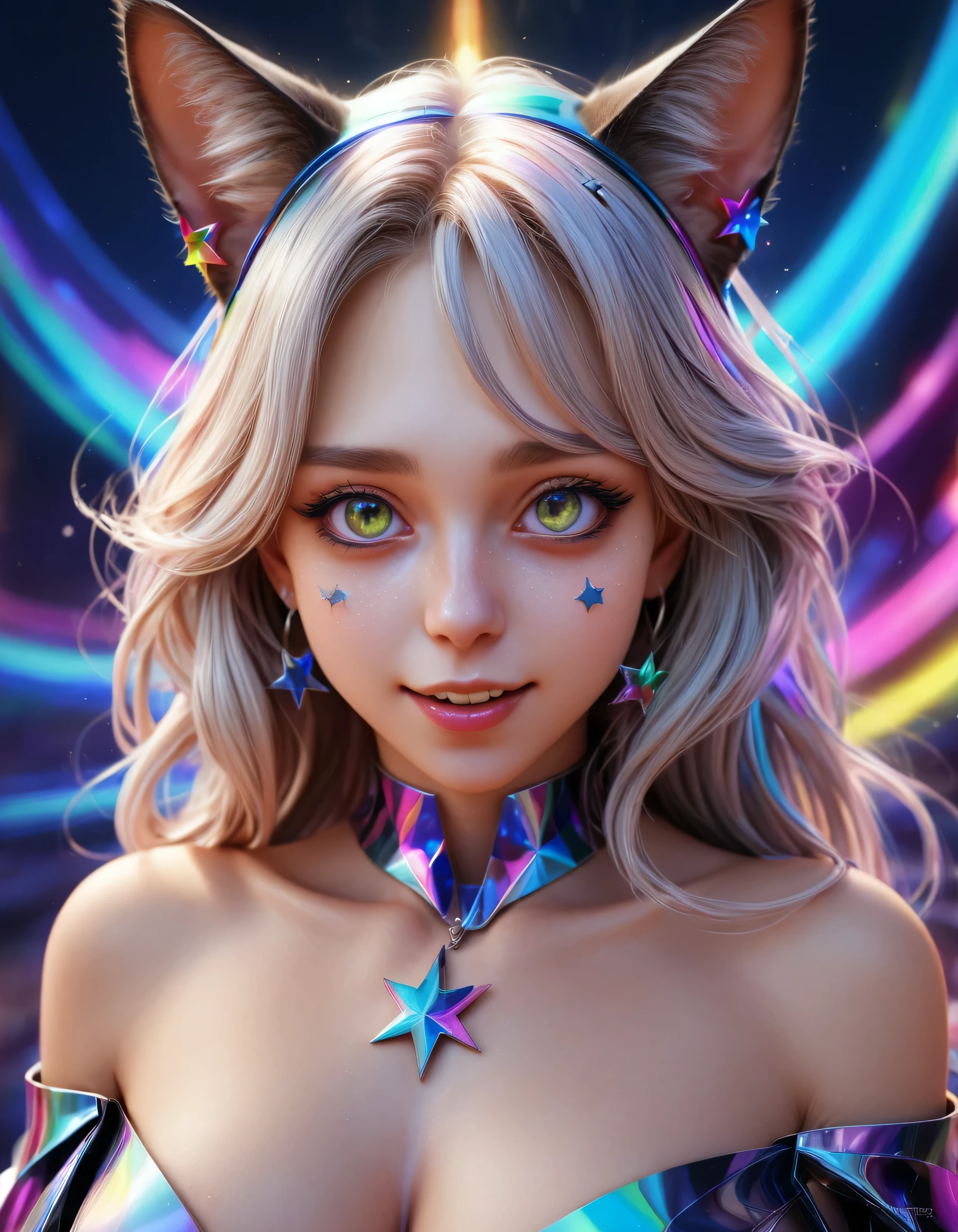 (masterpiece, best quality), ((1girl, (mature female) long hair), (star-shaped pupils, +_+, symbol-shaped pupils, sparkling eyes), (cat ears, open open mouth)), (looking at viewer, light smile, off shoulder), (abstract, multicolored background, abstract background, chromatic aberration),