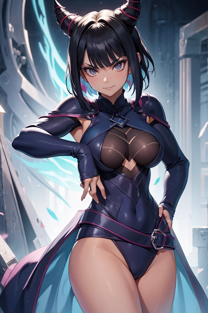 melhor qualidade,roupa azul,juri han,solo, masterpiece, best quality, agrias, grey sweater, black leotard, standing, looking at viewer, short hair,oculos,evil smile, evil look,luvas preta,roupa azul,yandere rosto,low lighting,coxa sarada copo detalhado,olhando para frente juri han,bela