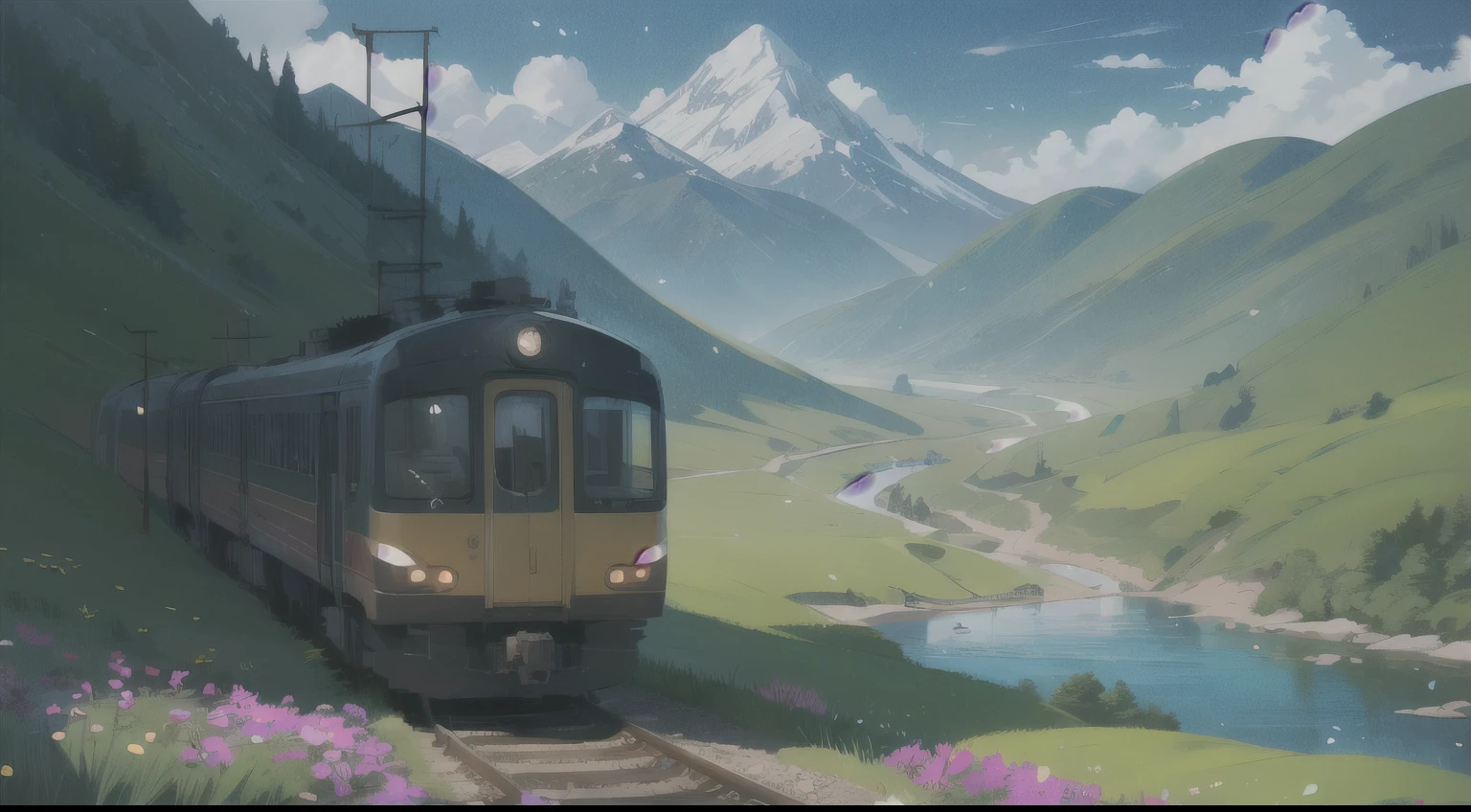 (this_shadow), best quality, High Detail, Surreal, ,Sea of Flowers, train, train里的乘客,happy，Mountains and valleys，river，good，cure