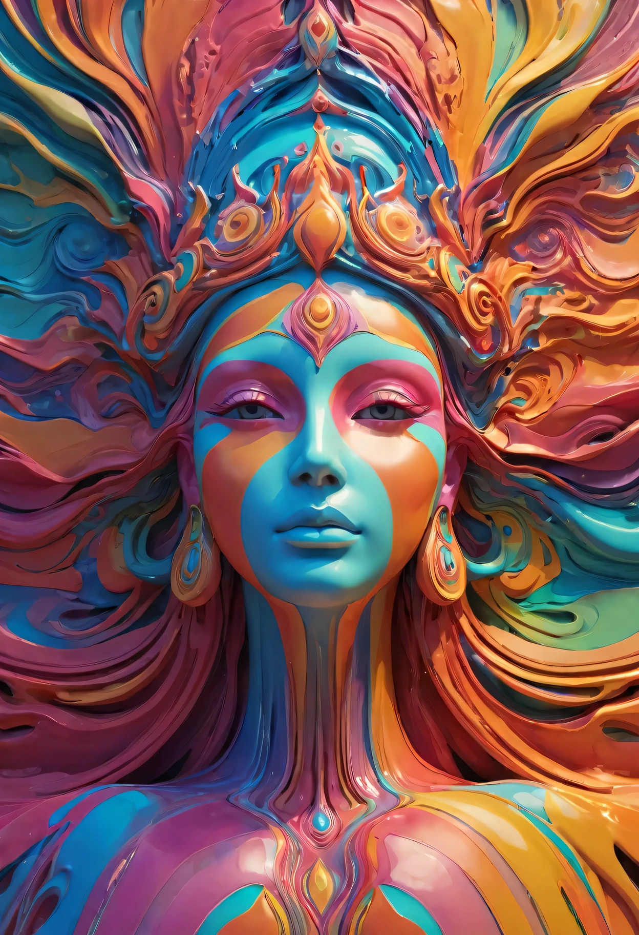 Psychedelic abstract art:3D goddess portrait sculpture made of flowing liquid,Background of the myth