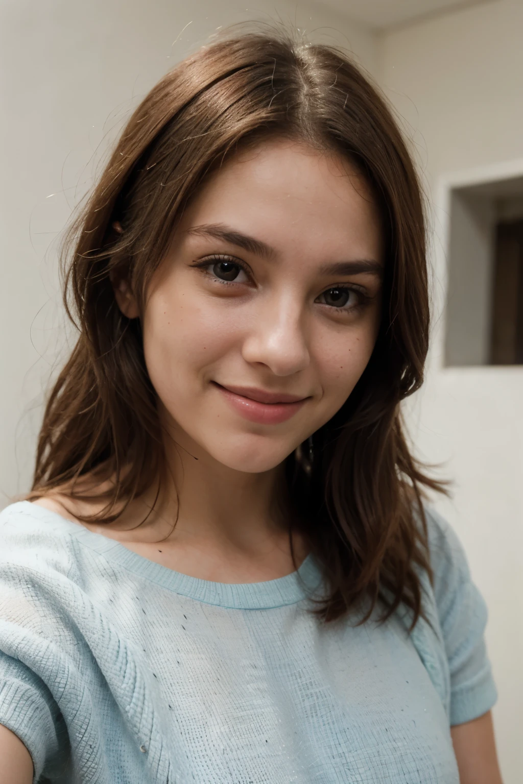 ultra realistic portrait of a beautiful brunette girl smiling cute, looking straight at the viewer, selfie shot, warm smile, wearing a pale blue knitted top