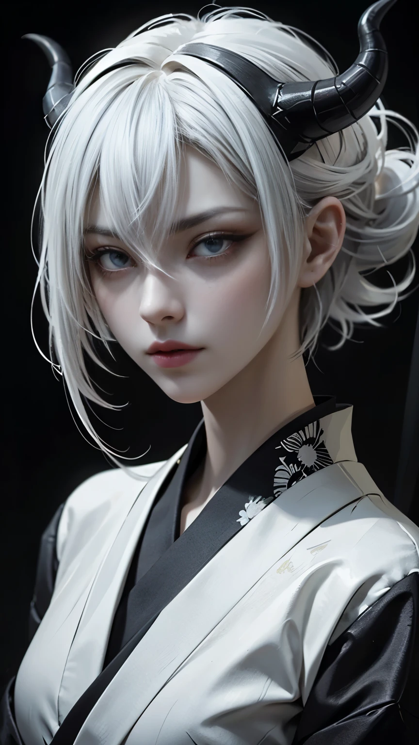 a cinematic portrait of a demon girl looking down on you,wearing a kimono, her yellow eyes glow in the dark, she has a menacing stare, (pixie white hair:1.3), mystic, (dark image:1.4), extreme shading, (horror shading:1),semi-realistic, glowing eyes, (horns), godess, particles, dramatic lighting, hyperdetailed, upperbody shot, low angle, vivid eyes, , (glowing eyes:1), BREAK a mature woman,