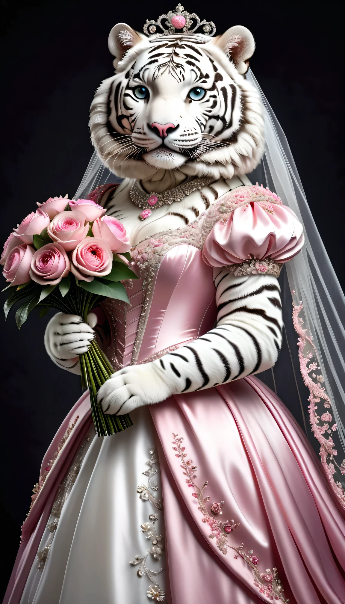 photorealistic portrait of Dressed animals - a ((fat)) white tiger bride,(elegant pose),(smile),(furry), high quality,(lovely) ,intricate details, highly detailed (gothic pink wedding dress)),wearing opera globes ,wearing highly detailed veil, highly detailed decorations ,holding flower bouquet, (happy), studio lighting,(full body image:2.0)