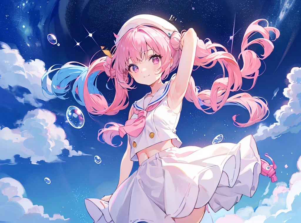 White Sailor Suit, Light brown eyes, Beautiful detailed eyes、 Shining Eyes, (((Pink-blue hair)))、Multicolored Hair、Inner Color、28歳woman、Shortcuts、1 girl、Big smile、Beautiful sky、8K background、Medium Chest、whole body、woman、((((Place your arms behind your back)))),Sleeveless、Soap bubble background