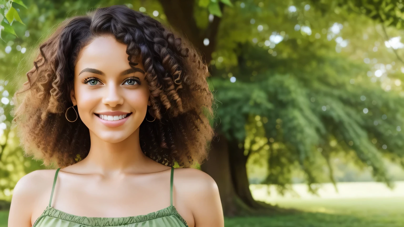 A woman with curly hair, green eyes, and a charming smile.
Mulher cabelos cacheados, sorriso lindo, olhos verdes, realistic image, Full body, wearing a flowy sundress that reveals her shoulders, her curly hair cascades down her back in soft waves, her green eyes sparkle with warmth and invitingness as she flashes a lovely smile that lights up her features. The natural sunlight filters through the trees, casting dappled shadows on her skin, highlighting the textures and pores of her complexion, giving the scene a lifelike and organic feel.