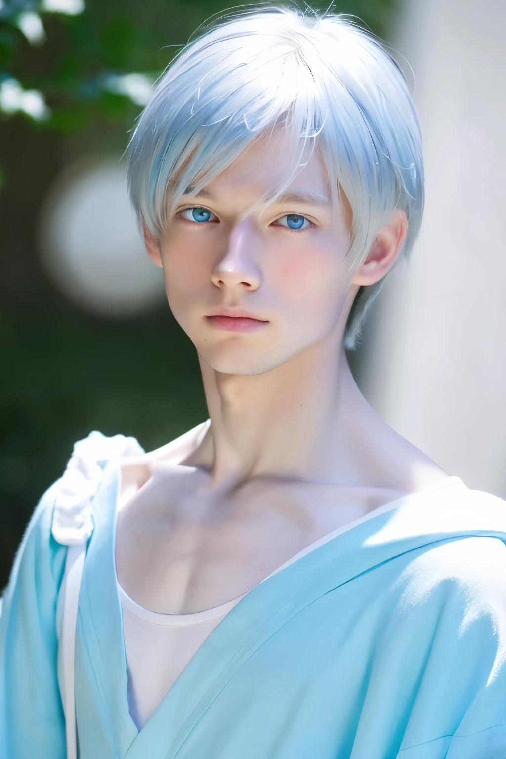 Hair is white、Light blue eyes、The skin is pale、A nice young man from Japan、male