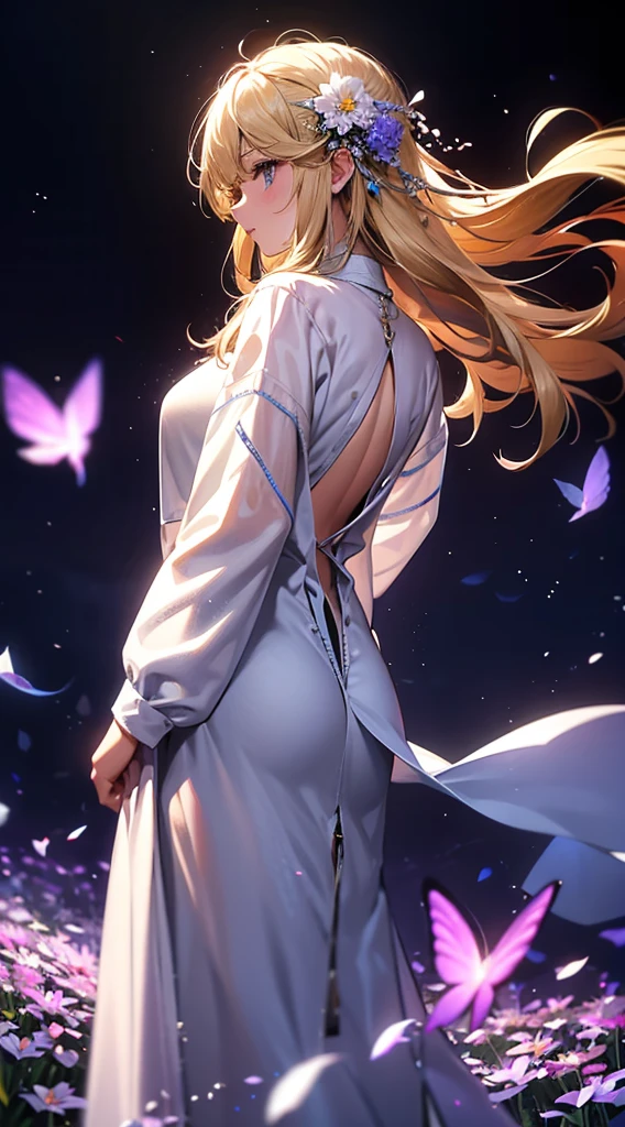 1people々々々々々々,Blonde long-haired woman,White long coat, Dress Silhouette, Rear View,Space Sky, Flower Field,Colorful flowers,Fluttering petals,