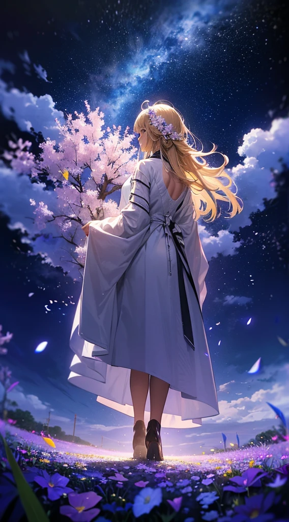 1people々々々々々々,Blonde long-haired woman,White long coat, Dress Silhouette, Rear View,Space Sky, Flower Field,Colorful flowers,Fluttering petals,