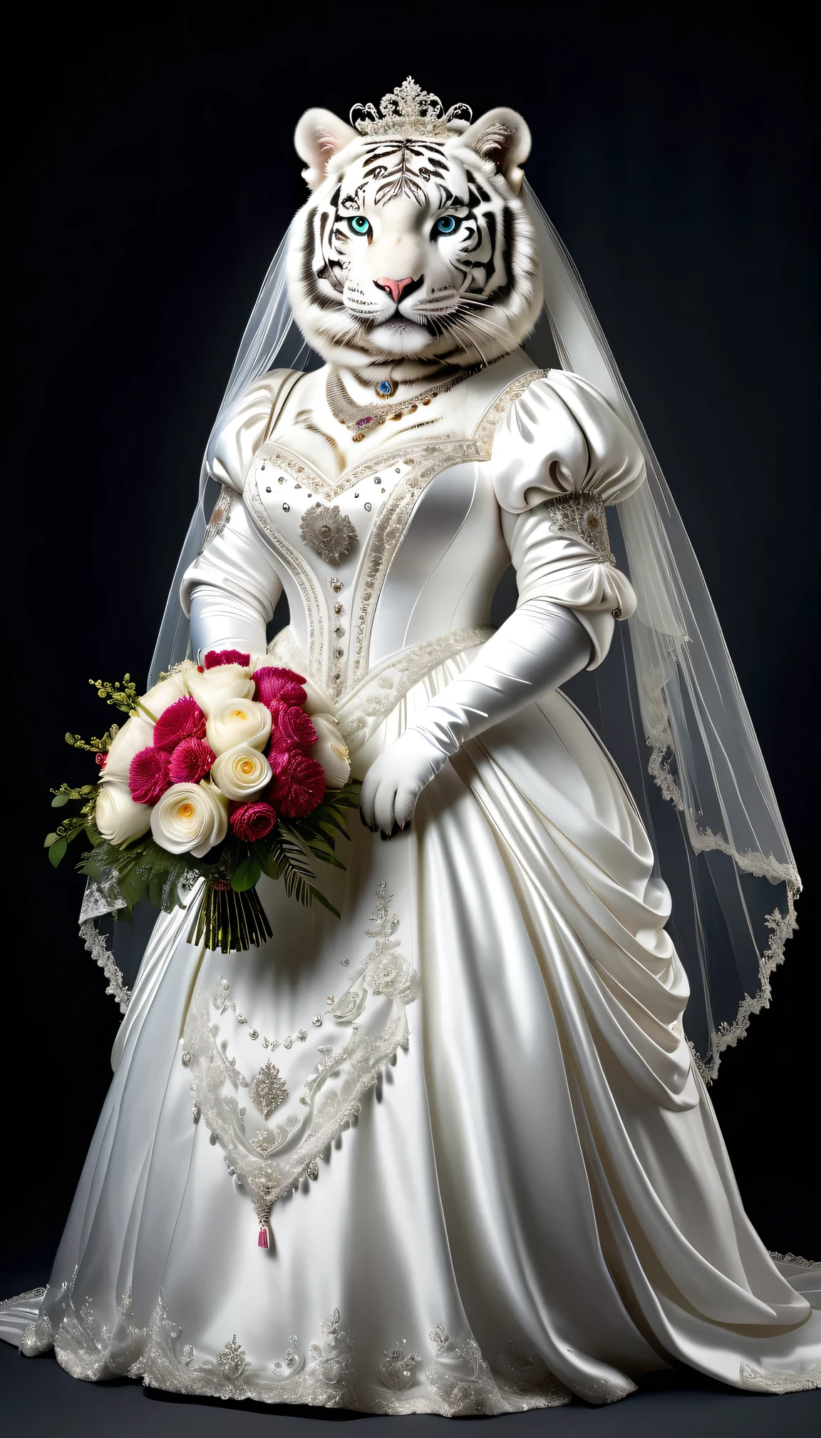 photorealistic portrait of Dressed animals - a ((fat)) white tiger bride,(elegant pose),(smile),(furry), high quality,(lovely) ,intricate details, highly detailed (gothic white wedding dress)),wearing opera globes ,wearing highly detailed veil, highly detailed decorations ,holding flower bouquet, (happy), studio lighting,(full body image:2.0)