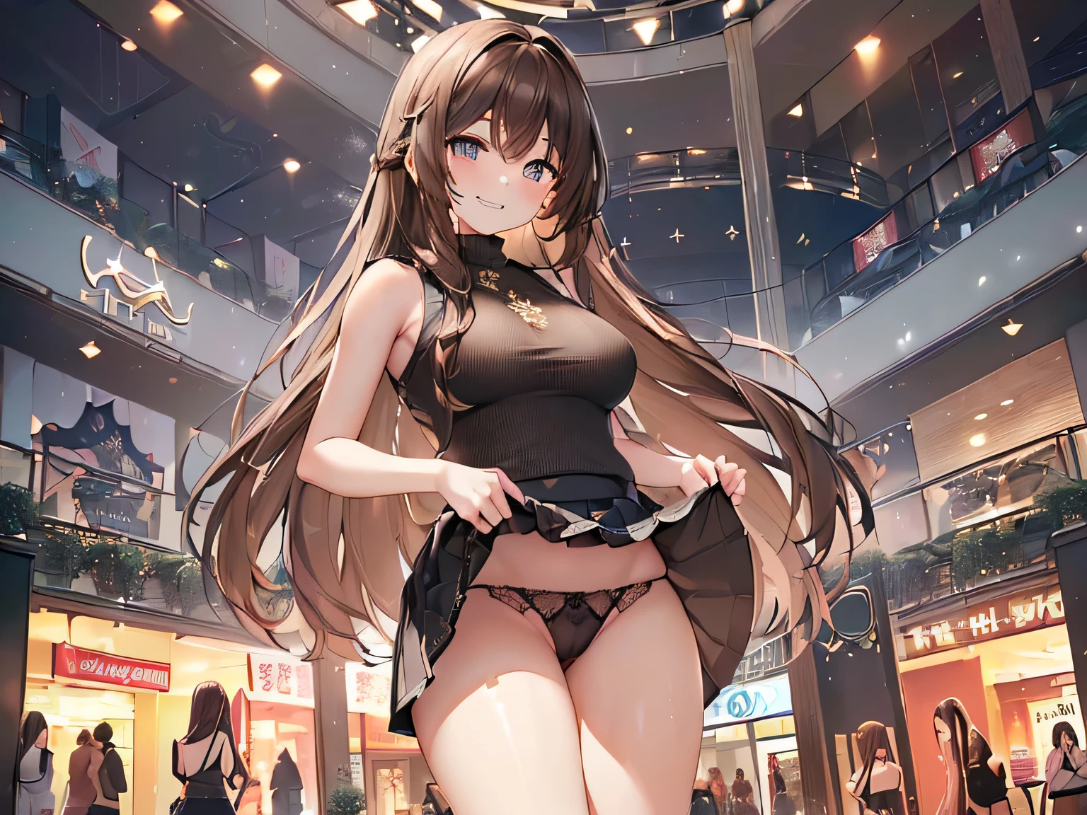 (masterpiece、highest quality、High resolution、Realistic photo、Real looking skin:1.1)、
(Women lift their skirts and take off their panties々I am showing it to:1.8)、
(standing:1.5)、
(Provocative, grinning expression:1.5),
(She is wearing a black sleeveless turtleneck sweater:1.5)、
(She is wearing a black flared skirt:1.5)、
(She is wearing black high heel pumps:1.5)、
(The panties are black and have a lace pattern.:1.5)、
(She has long brown hair.:1.5)、
(I'm 29 years old so I have a mature look.:1.5)、
(The location is a sparsely populated shopping mall:1.5)、
1 Japanese Girl、solo、Full Body Esbian、Beautiful Eyes、Shining Eyes、Shining thighs、NSFW