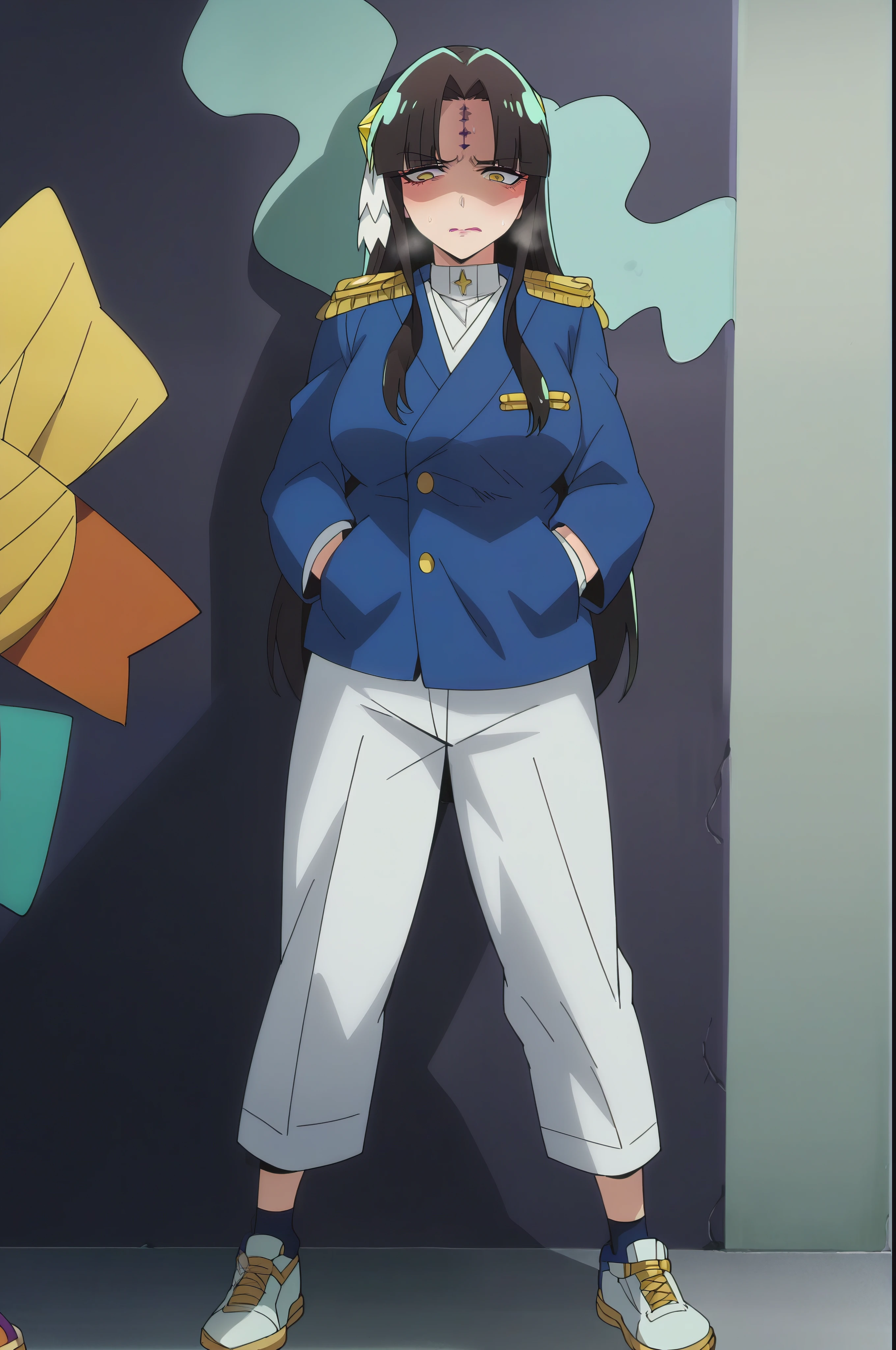 score_9, score_8_up, score_7_up, source_anime, michikotanaka, michiko tanaka, long hair, black hair, yellow eyes, facial mark, forehead mark, michiko_tanaka_mahoushoujoniakogarete, anime_style, (long hair, black hair:1.3), forehead, forehead mark, hair ornament, muscular female, anatomically correct, mature female, curvy, heavy breathing, leg up, 1girl, solo, sneakers, blue jacket, white pants, hands on pocket, gravity wall, full_body, standing, jewelry, rating:safe, anime coloring, anime screencap, hair ornament, (shaded face:1.2), yellow eyes, drunk, blush, forehead mark, makeup, embarrassed,